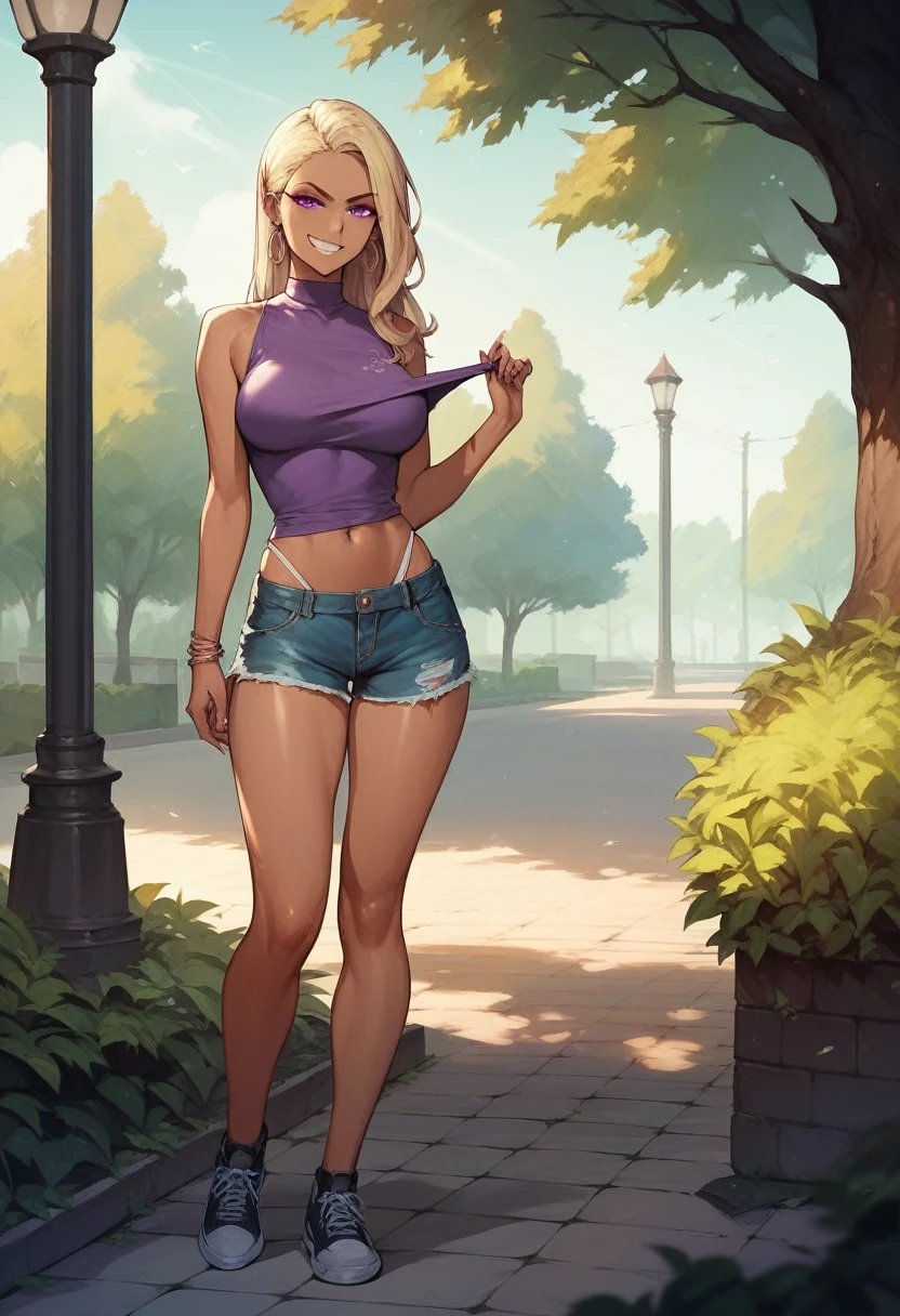 ((High Quality image 10k)) (( perfect autonomy)) Masterpiece, Solo girl, dark tan skin, blonde hair purple eyes, evil smug grin, wearing purple sleeveless shirt, blue jean shorts, shorts coming off, cute panties, beautiful legs, full body, Standing, in the park