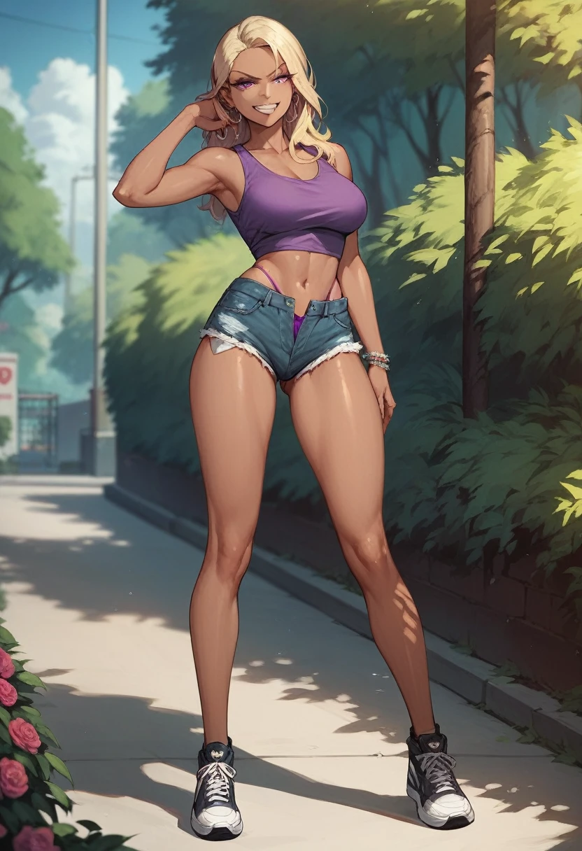 ((High Quality image 10k)) (( perfect autonomy)) Masterpiece, Solo girl, dark tan skin, blonde hair purple eyes, evil smug grin, wearing purple sleeveless shirt, blue jean shorts, shorts coming off, cute panties, beautiful legs, full body, Standing, in the park