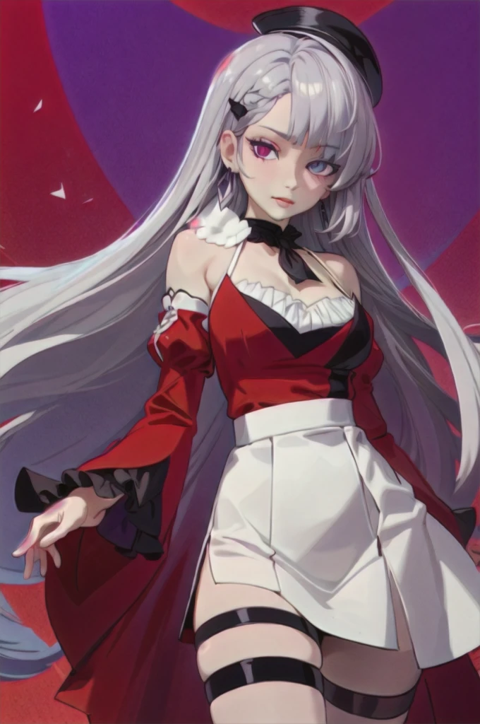 (masterpiece),best quality,1girl,cowboy_shot,medium_shot,thighs,looking at viewer,Look directly,silver gray long hair,pale skin,earrings,silver hair,red eyes,long hair,diamond choker,black ascot,detached collar,center frills,red dress,red detached sleeves,red belt,white skirt,red thigh boots,red thigh straps,
Heterochromia, different coloured eyes, (((right eye is red coloured, left eye is violet/purple coloured)))
Blunt straight bangs, strictly straight cutted bangs, strictly straight cutted hair, straight long hair, strictly straight side bangs, straight cutted side bangs