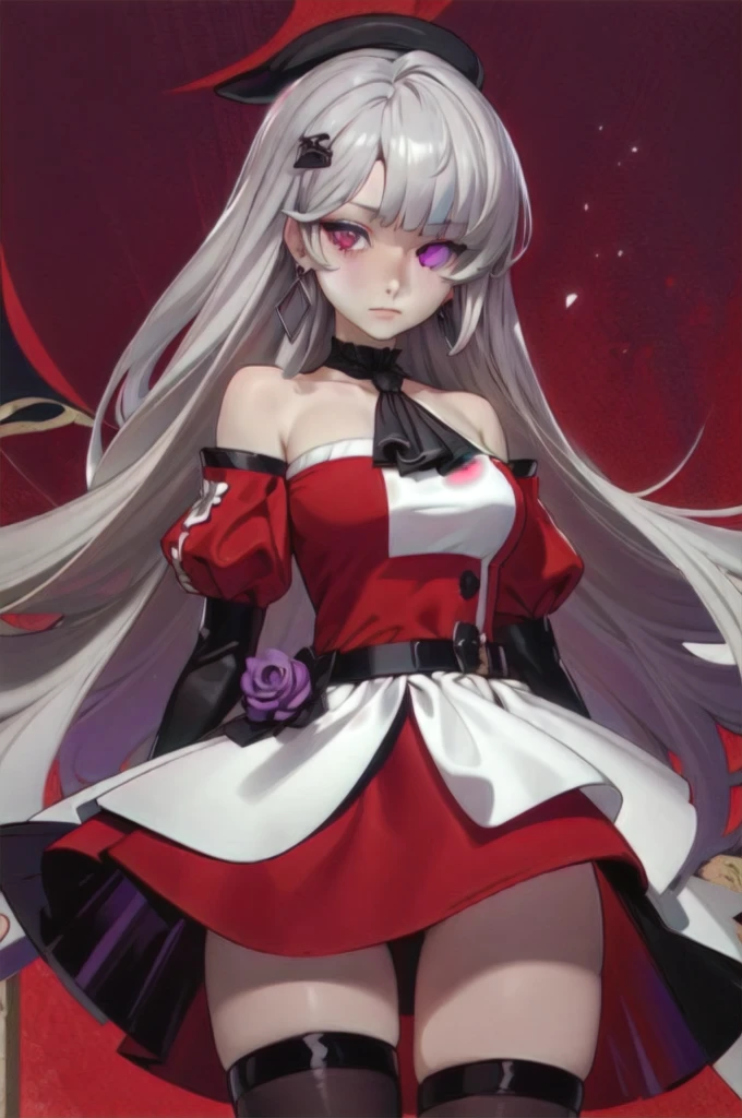 (masterpiece),best quality,1girl,cowboy_shot,medium_shot,thighs,looking at viewer,Look directly,silver gray long hair,pale skin,earrings,silver hair,red eyes,long hair,diamond choker,black ascot,detached collar,center frills,red dress,red detached sleeves,red belt,white skirt,red thigh boots,red thigh straps,
Heterochromia, different coloured eyes, (((right eye is red coloured, left eye is violet/purple coloured)))
Blunt straight bangs, strictly straight cutted bangs, strictly straight cutted hair, straight long hair, strictly straight side bangs, straight cutted side bangs