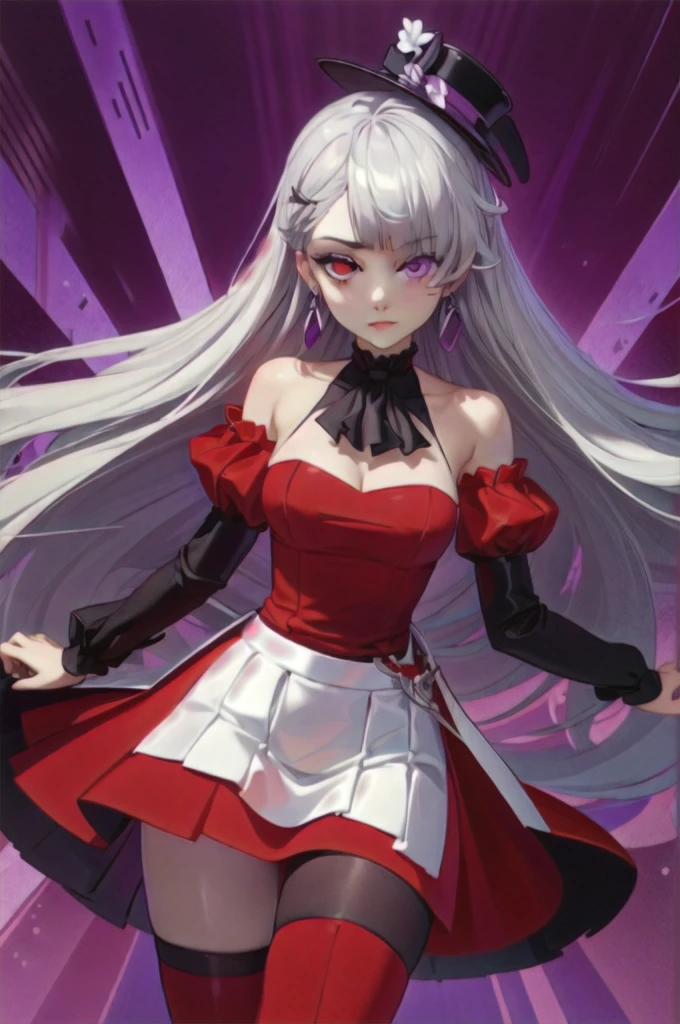 (masterpiece),best quality,1girl,cowboy_shot,medium_shot,thighs,looking at viewer,Look directly,silver gray long hair,pale skin,earrings,silver hair,red eyes,long hair,diamond choker,black ascot,detached collar,center frills,red dress,red detached sleeves,red belt,white skirt,red thigh boots,red thigh straps,
Heterochromia, different coloured eyes, (((right eye is red coloured, left eye is violet/purple coloured)))
Blunt straight bangs, strictly straight cutted bangs, strictly straight cutted hair, straight long hair, strictly straight side bangs, straight cutted side bangs