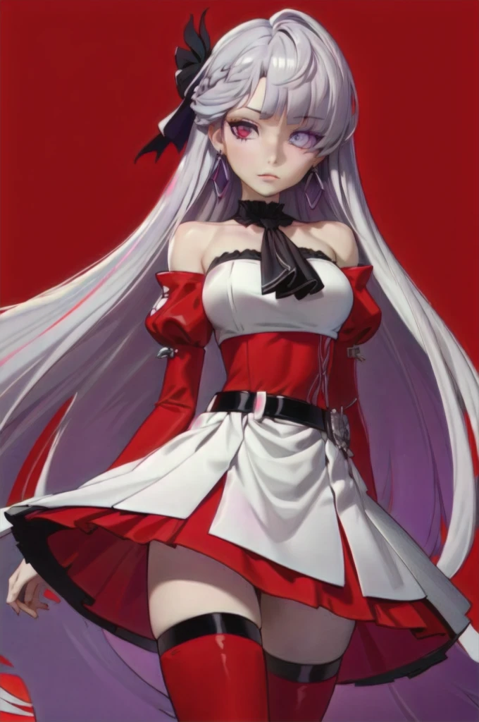 (masterpiece),best quality,1girl,cowboy_shot,medium_shot,thighs,looking at viewer,Look directly,silver gray long hair,pale skin,earrings,silver hair,red eyes,long hair,diamond choker,black ascot,detached collar,center frills,red dress,red detached sleeves,red belt,white skirt,red thigh boots,red thigh straps,
Heterochromia, different coloured eyes, (((right eye is red coloured, left eye is violet/purple coloured)))
Blunt straight bangs, strictly straight cutted bangs, strictly straight cutted hair, straight long hair, strictly straight side bangs, straight cutted side bangs