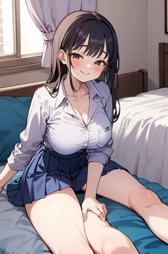 huge breasts,6yo,masterpiece, best quality, highres, aaanna, long hair, brown eyes, collarbone, collared shirt, white shirt, sleeves rolled up, pleated skirt, blue skirt, miniskirt,, smile, my room,