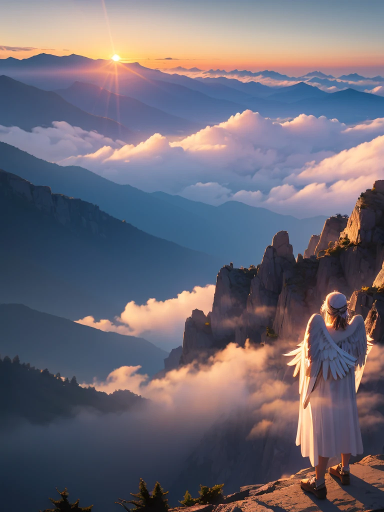 an angel of sublime beauty, from behind, observes a wonderful sunrise that appears at the top of the mountains above a sea of fog