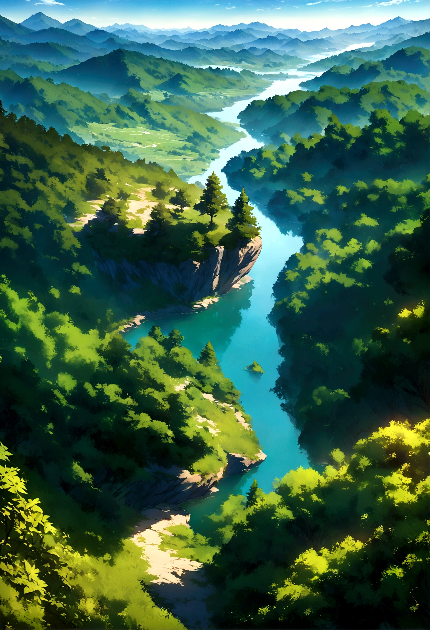 Generate an image of a vast Isekai landscape viewed from the top of a mountain. The scene is set on a sunny summer day with clear skies. In the foreground, there's a majestic tree standing tall on the mountain peak, with lush green foliage. Beyond the tree, the landscape stretches far and wide, with rolling hills, dense forests, and a river winding through the valley below. In the distance, the horizon is visible, showcasing distant mountains and a serene, magical atmosphere."