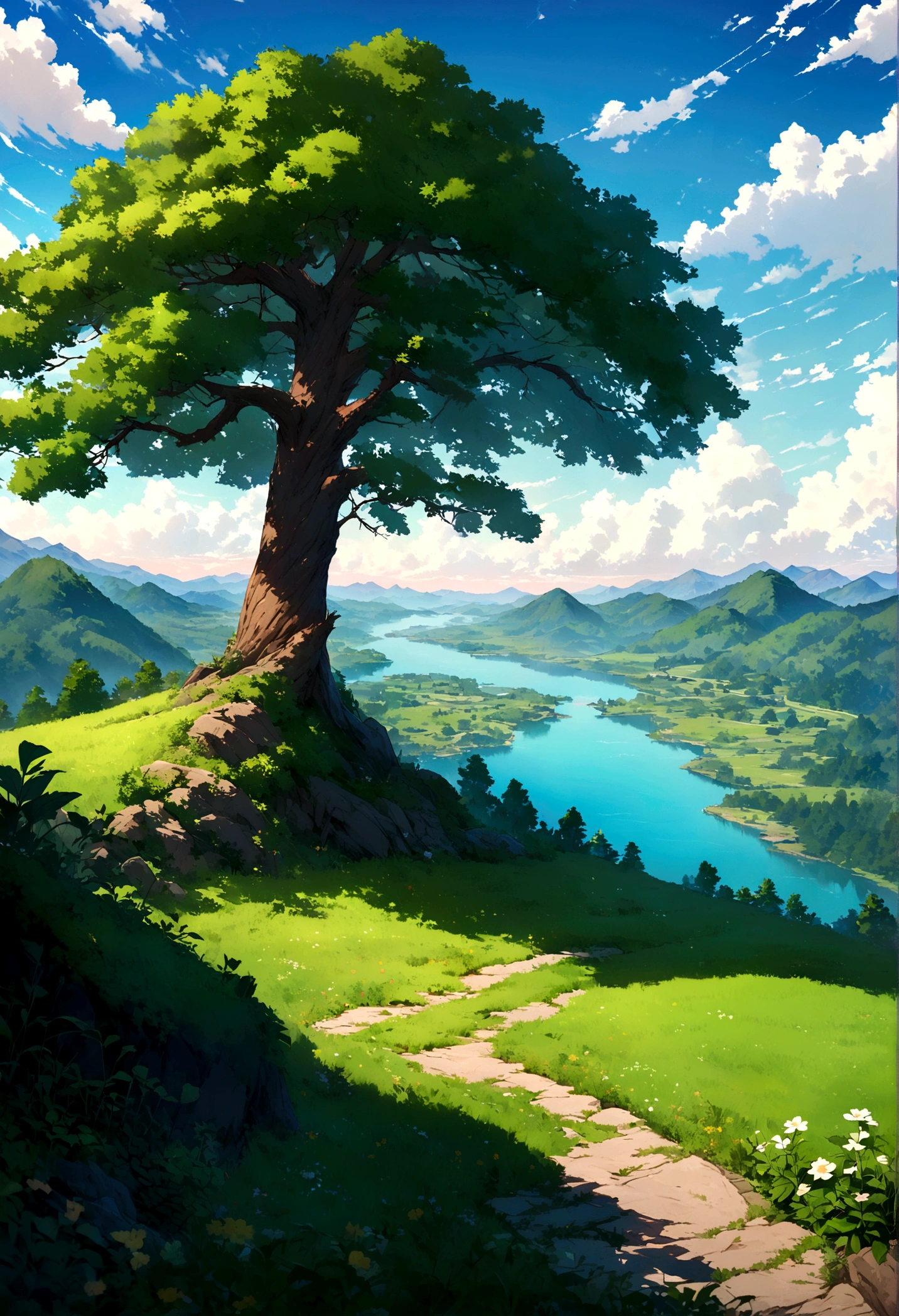 Generate an image of a vast Isekai landscape viewed from the top of a mountain. The scene is set on a sunny summer day with clear skies. In the foreground, there's a majestic tree standing tall on the mountain peak, with lush green foliage. Beyond the tree, the landscape stretches far and wide, with rolling hills, dense forests, and a river winding through the valley below. In the distance, the horizon is visible, showcasing distant mountains and a serene, magical atmosphere."
