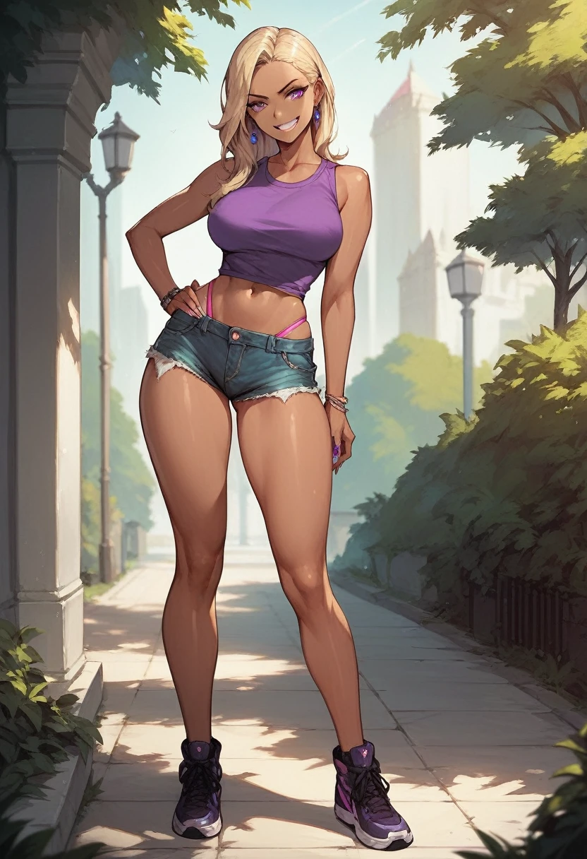 ((High Quality image 10k)) (( perfect autonomy)) Masterpiece, Solo girl, dark tan skin, blonde hair purple eyes, evil smug grin, wearing purple sleeveless shirt, blue jean shorts, shorts coming off, cute panties, beautiful legs, full body, Standing, in the park
