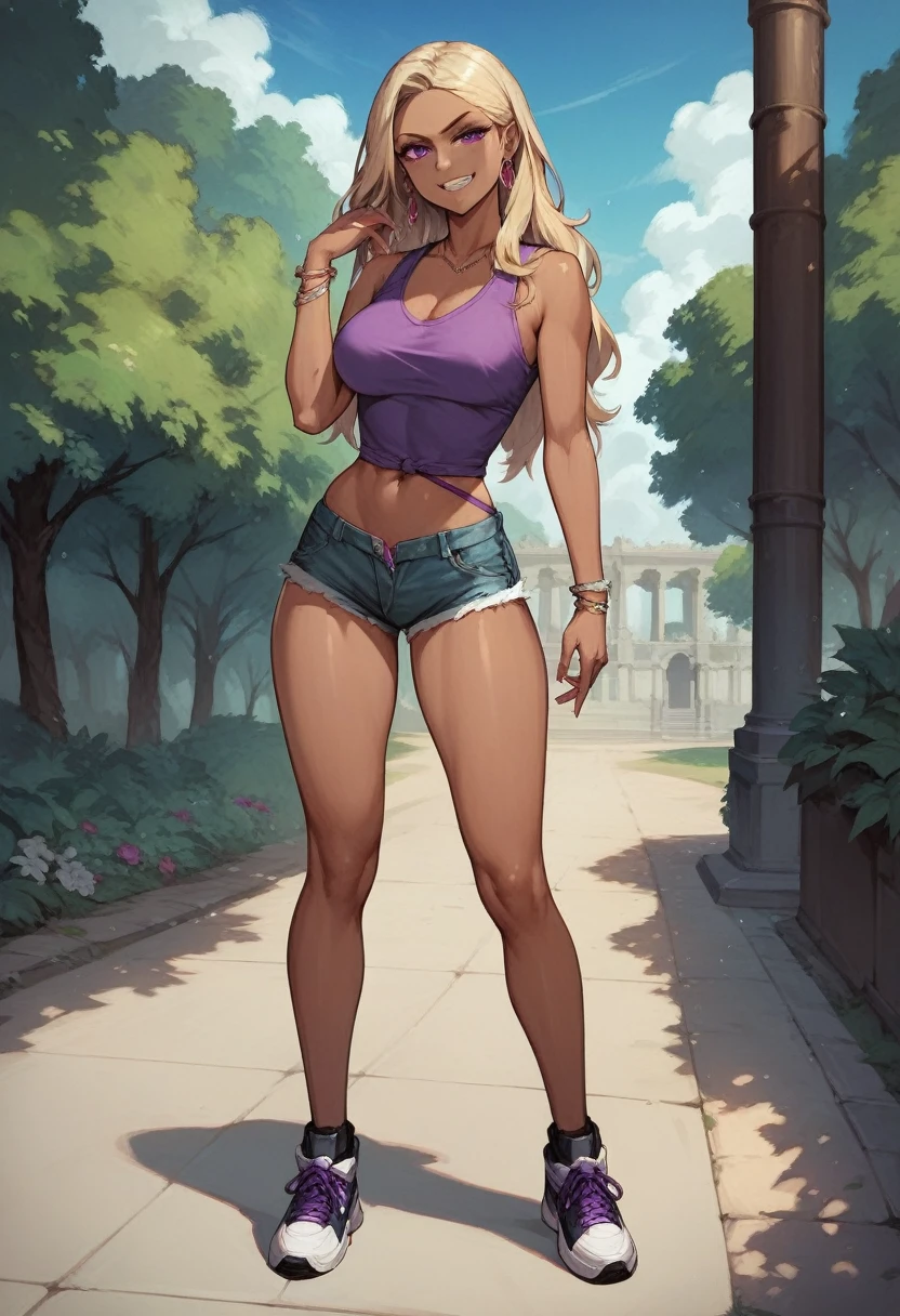 ((High Quality image 10k)) (( perfect autonomy)) Masterpiece, Solo girl, dark tan skin, blonde hair purple eyes, evil smug grin, wearing purple sleeveless shirt, blue jean shorts, shorts coming off, cute panties, beautiful legs, full body, Standing, in the park