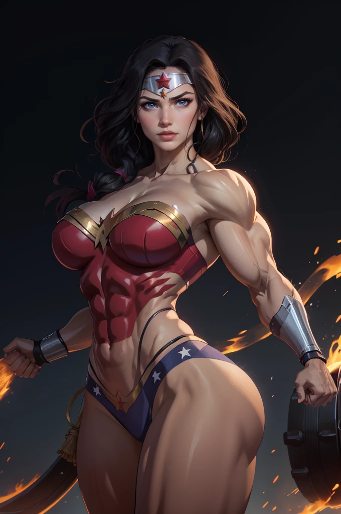 berserk mature woman, woman with ((((huge muscles)))), abs, rags, loincloth, snow mountain, winter, braids, ragged, tribal bodypaint, snowdrift,((1 lady))、masterpiece, ultra-detailliert, 8k, hiquality, Top image quality, digitial illustration, Seductive Anime Girl, ((Combative posing:1.4)), ((heavy weapons:1.4, armament:1.3))、((dynamism:1.3))、((dynamic angle:1.2))、((Hover effect:1.4)), Glossy realistic skin texture、shiny skin、seductive smile、Meticulously drawn hair, Meticulously drawn eye, Being in battle field、appearance Splash paint background in colors, ((bikini:1.3 crop top:1.3))、((crop top navel))、((highleg:1.3))、((huge hip:1.3))、((thick thighs))、curvy、((collarbone))、((cameltoe))、Sharp Focus, Precise human body structure、Smooth texture,( "A detailed image of Wonder Woman's face from DC Comics, inspired by classic comic books. She has strong and defined features, piercing and expressive eyes, long wavy dark hair, and a confident and courageous expression. Use vibrant colors and an artistic style that reflects comic book art, with well-defined shadows and details. The golden tiara with a red star in the center is an important highlight. The background should be neutral to focus on the iconic face of the heroine.")