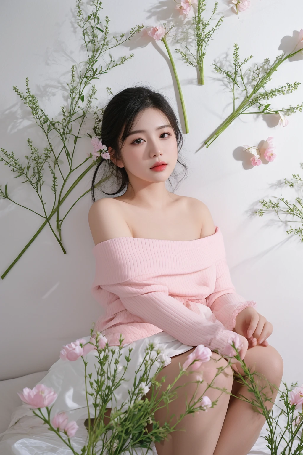 there is a woman sitting on a bed with flowers in the background, with flowers, 中 元 节, taken with canon eos 5 d mark iv, pastel, taken with canon eos 5 d, photo taken with canon 5d, asian girl, taken with canon 5d mk4, inspired by Huang Ji, lovely woman, a young asian woman