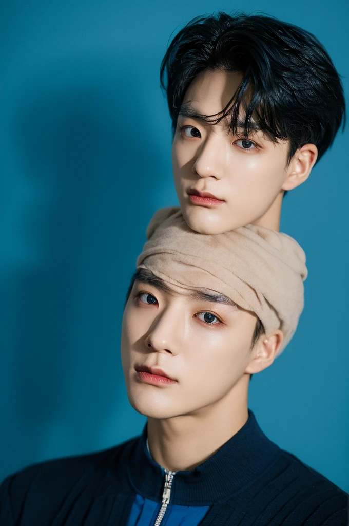 Asian man,close-up portrait,direct gaze,dark hair,black turtleneck,shadow on face,neutral expression,studio lighting,blue background,high-resolution image,minimalistic,young adult,clean-shaven,headshot,symmetrical composition,serious mood,professional photography,dark color palette,