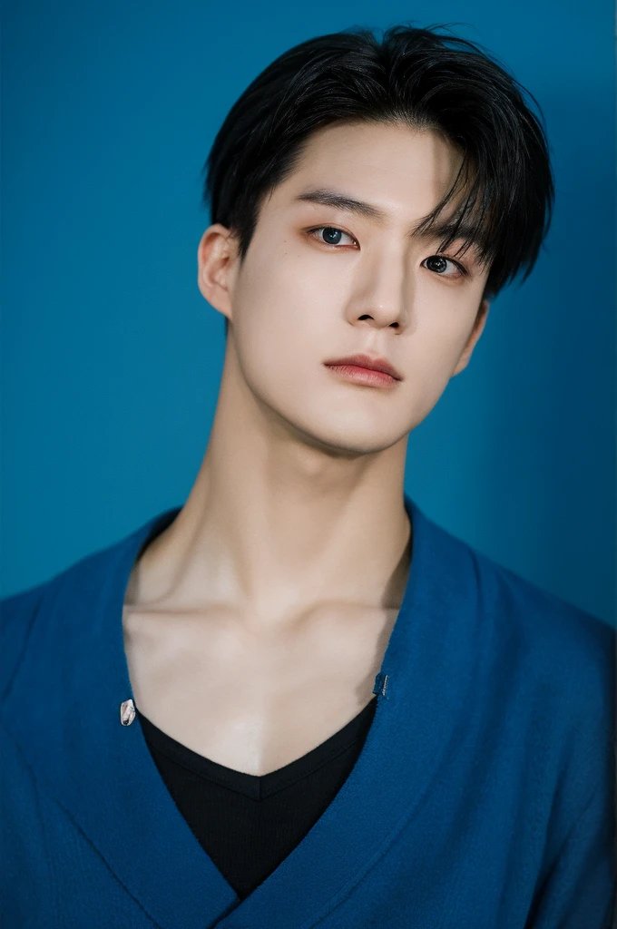 Asian man,close-up portrait,direct gaze,dark hair,black turtleneck,shadow on face,neutral expression,studio lighting,blue background,high-resolution image,minimalistic,young adult,clean-shaven,headshot,symmetrical composition,serious mood,professional photography,dark color palette,