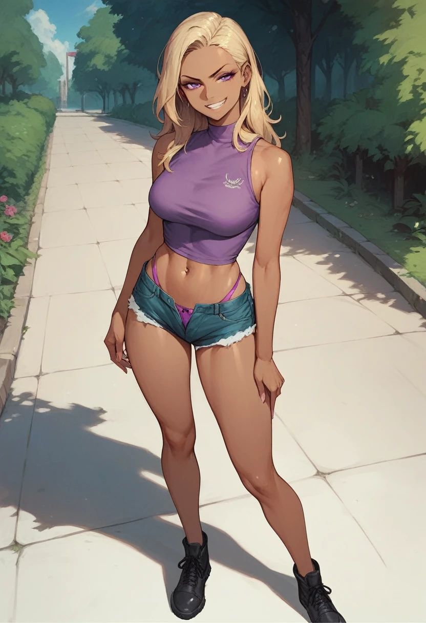 ((High Quality image 10k)) (( perfect autonomy)) Masterpiece, Solo girl, dark tan skin, blonde hair purple eyes, evil smug grin, wearing purple sleeveless shirt, blue jean shorts, shorts coming off, cute panties, beautiful legs, full body, Standing, in the park