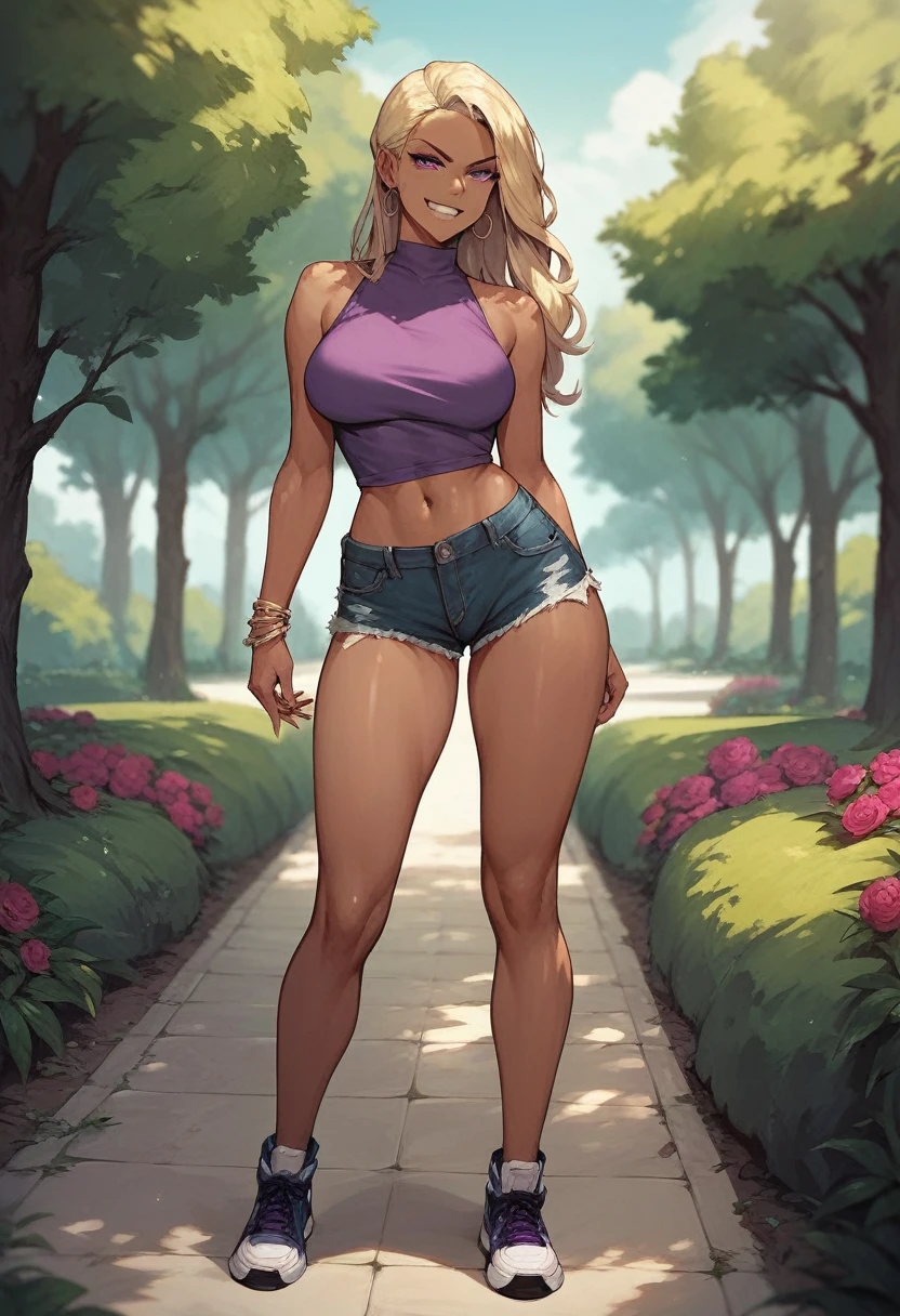 ((High Quality image 10k)) (( perfect autonomy)) Masterpiece, Solo girl, dark tan skin, blonde hair purple eyes, evil smug grin, wearing purple sleeveless shirt, blue jean shorts, shorts coming off, cute panties, beautiful legs, full body, Standing, in the park