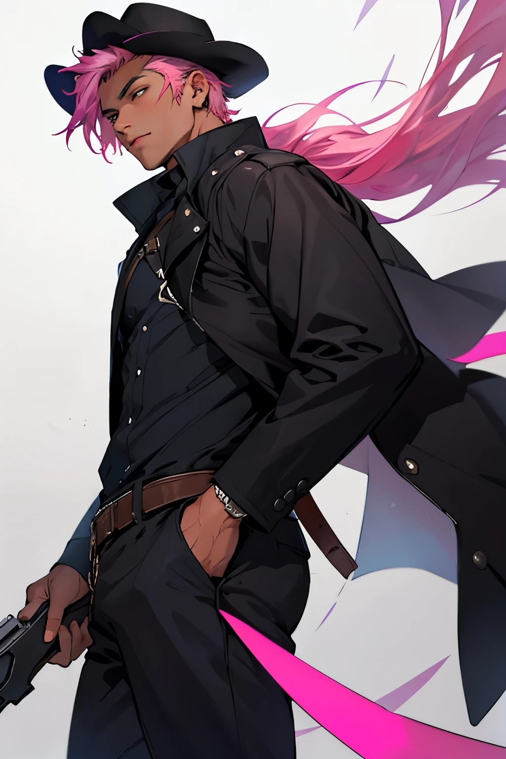 In the style of a Wild West gunslinger, a young man with black skin, pink hair, and a black coat