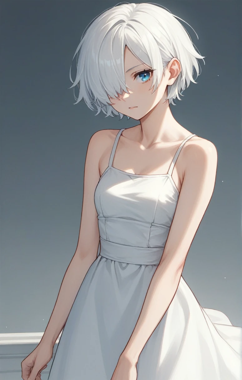 score_9, score_8_up, score_7_up, score_6_up, score_5_up, score_4_up, BREAK source_anime, one anime girl, blue eyes, white hair, short hair, hair covers one eye, white dress,
