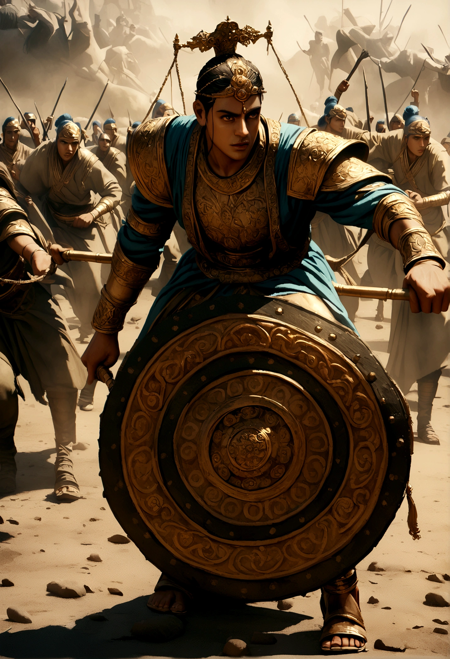 lord shri krishna lifting chariot wheel, epic, cinematic, 8k, ultra realistic, in an war field, warriors in the background
