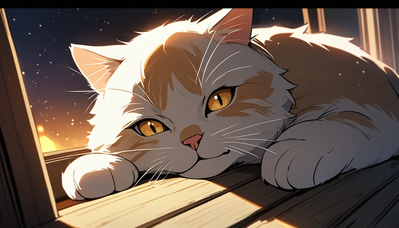 A serene scene unfolds: a majestic, top-quality cat sprawled solo on a window sill, basking in the warm glow of night. The soft, golden light casts a comforting ambiance as the feline's fur glistens with subtle sheen. Eyes half-closed, whiskers slightly askew, it appears to be luxuriating in the peacefulness of the evening, a true masterpiece of relaxation.