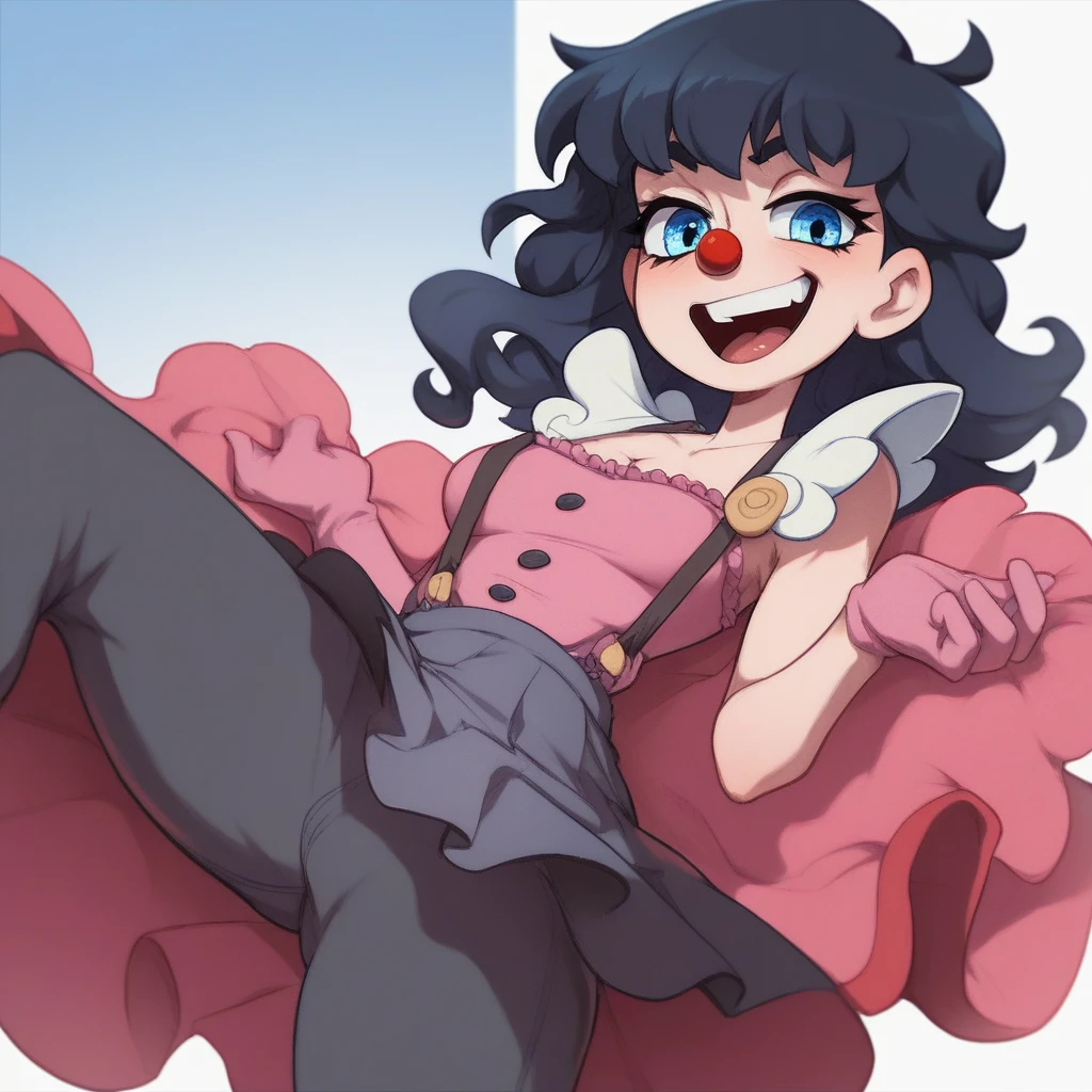 Ralph Bakshi Style, Curvy blue eyed girl with long wavy black hair and small breasts, clown-girl, (cruel_expression):5.0, (sexually_lewd):4.0, queefing