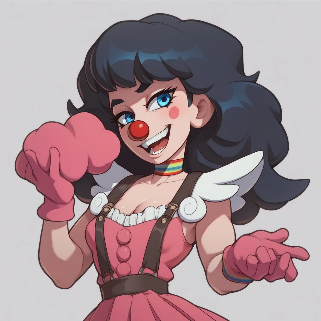 Ralph Bakshi Style, Curvy blue eyed girl with long wavy black hair and small breasts, clown-girl, (cruel_expression):4.0