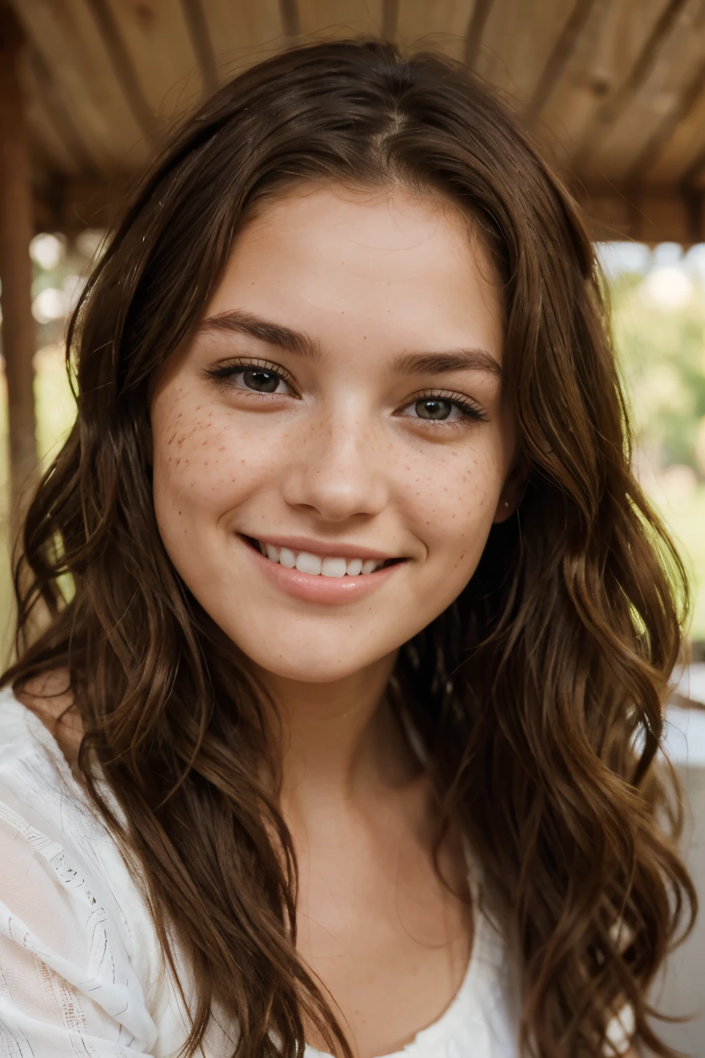 Beautiful lady with a smile on her face, little freckles, brown wavy hair, ultrarealistic