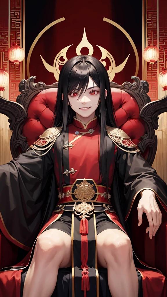 An anime man with long black hair, crimson red eyes, wearing black ancient Chinese clothes, sitting on a majestic and terrifying throne, a dark, crazy, luxurious image, an anime novel cover, a manga cover, smiling an evil and malicious smile, and he looks eight years old.
