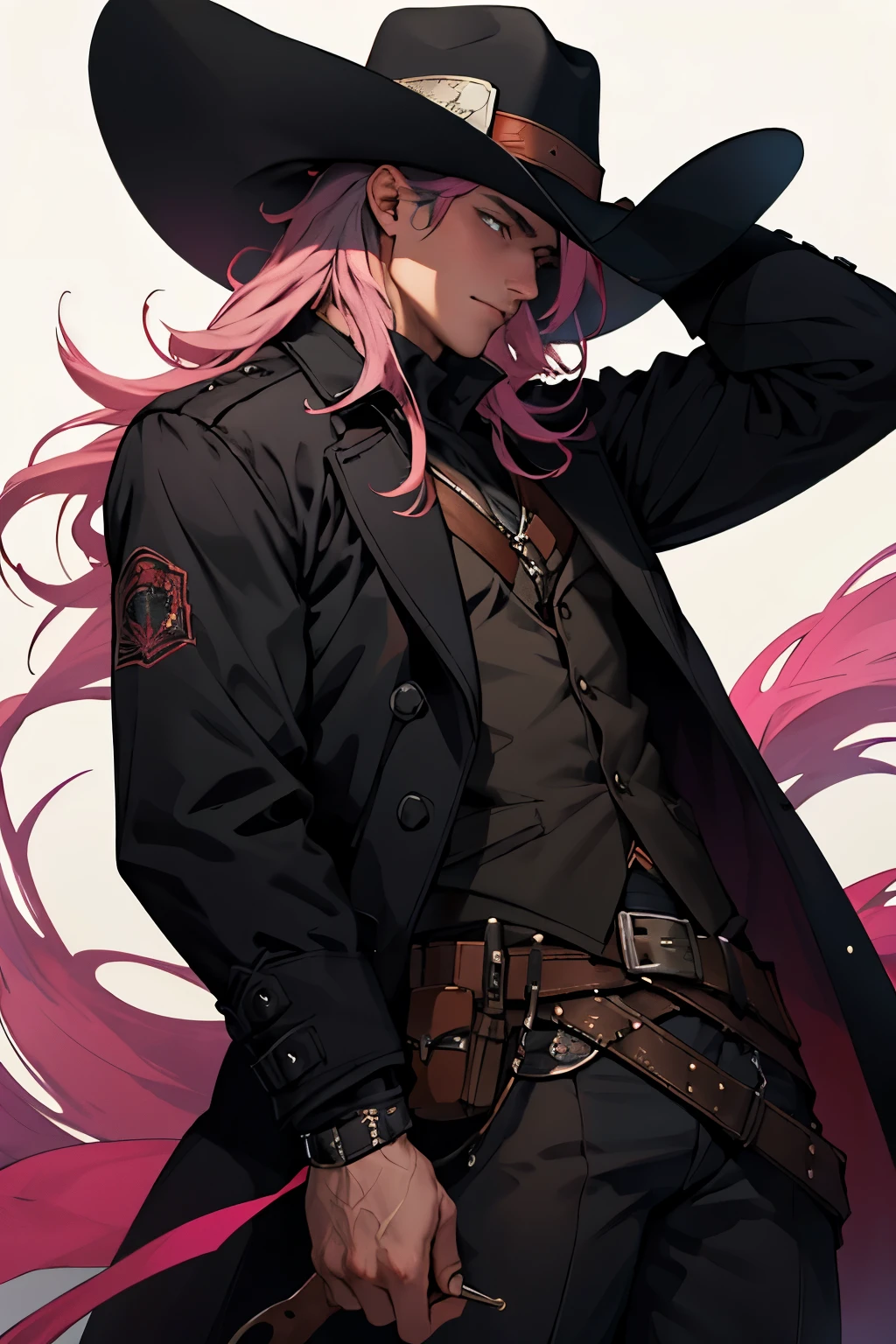 In the style of a Wild West gunslinger, a young man with black skin, pink hair, and a black coat