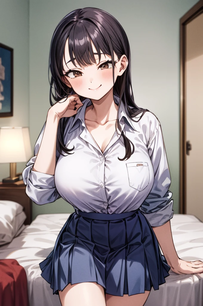 huge breasts,6yo,masterpiece, best quality, highres, aaanna, long hair, brown eyes, collarbone, collared shirt, white shirt, sleeves rolled up, pleated skirt, blue skirt, miniskirt,, smile, my room,