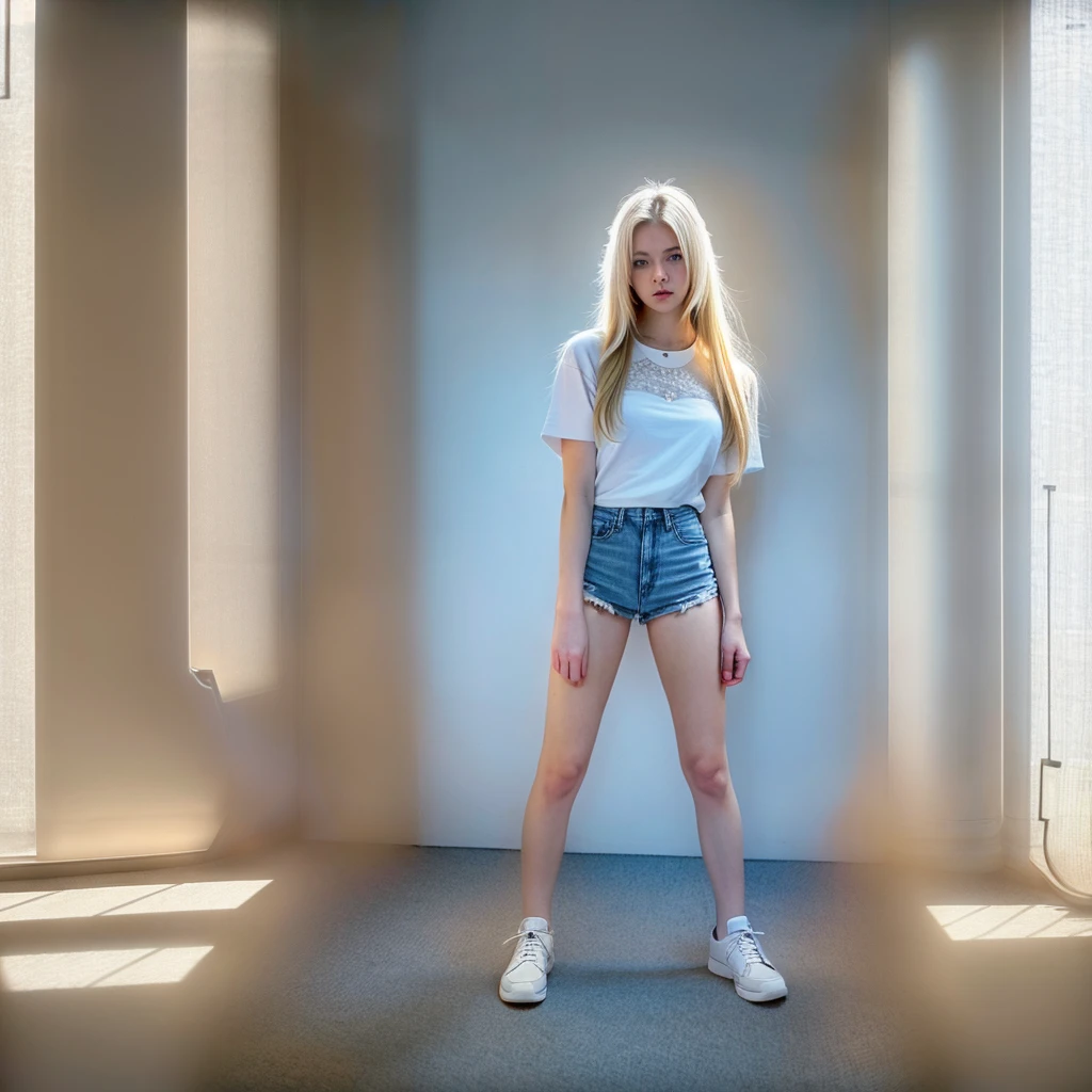 Ultra realistic image, high resolution 16k, Cinematic, high brightness, high saturation, high contrast, high sharpness, full body of beautiful, young, White woman, long straight blonde hair.  light blue eyes, perfect and well-detailed skin, thin, 18 years old.  She wears a white blouse and short denim shorts.  She is in a living room, with white walls behind her.
