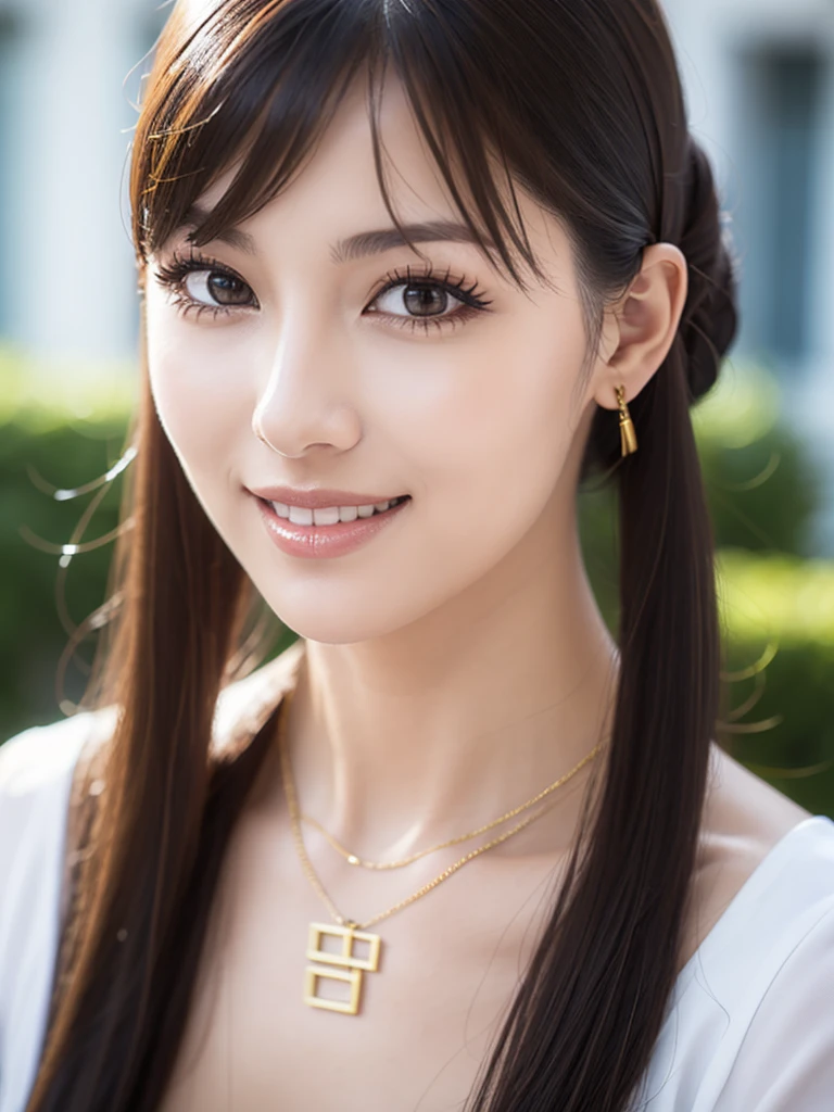 a beautiful young russian woman, detailed face, (high quality, 8k, hdr, studio lighting, physically-based rendering, professional, vivid colors, bokeh:1.2), photorealistic, stunning eyes, long eyelashes, flawless skin, light brown hair, tight waist, necklace, active posing, long hairstyle, vivid colors, masterpiece, best quality, confident expression, ultra-detailed, (realistic:1.37), beautiful figure, gorgeous lips, smile, office lady, coffee break