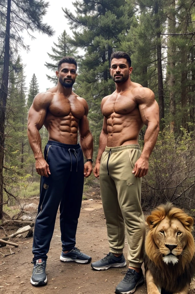 a muscular man with sweat pants on standing in the wilderness with two lions standing next to him