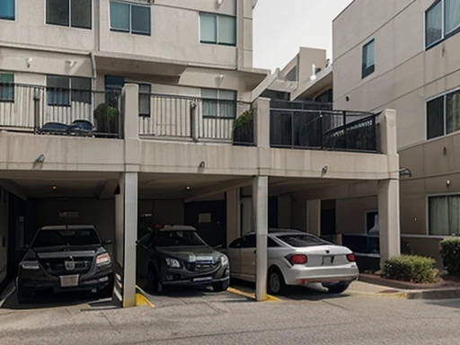 A picture of opened parking garage for cars in front of an apartment building with an elevator
