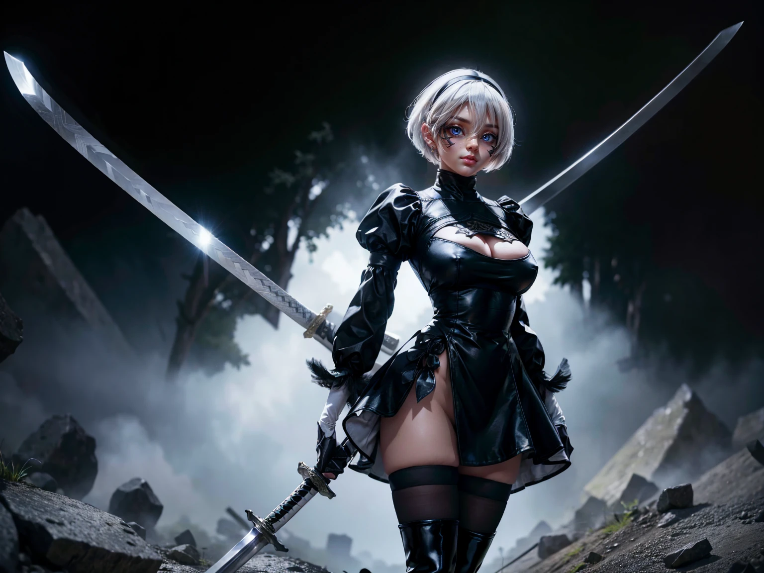 2B, 1girl, solo, short hair, thighhighs, gloves, long sleeves, dress, holding, cleavage, medium breasts, standing, full body, weapon, white hair, hairband, boots, puffy sleeves, sword, black thighhighs, black footwear, holding weapon, mole, black dress, high heels, leotard, clothing cutout, thigh boots, holding sword, cleavage cutout, katana, black hairband, juliet sleeves, mole under mouth, facing viewer, high heel boots, blindfold, covered eyes, black blindfold, feather-trimmed sleeves, masterpiece, 