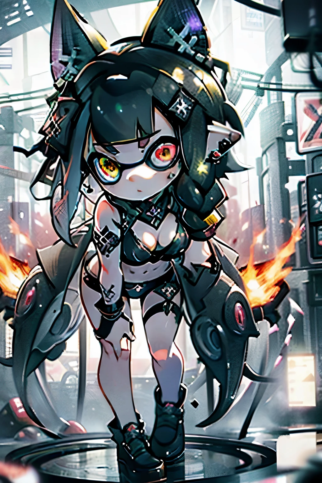 Goth_punk, One Splatoon girl, solo,、Highest quality, Realistic, Ultra-fine illustrations, 3D beautiful and attractive anime girl,  Slender body, Braided Tentacle Hair, One Girl, Girl Photos, Full Body Shot, A slightly thinner face、Beautiful golden eyes, Rotated,Earrings、hair ornaments、gem、 Red Flame Eye, Red-eye orbit, Eye of Fire, Eye Tracking, Big Breasts、Cleavage、