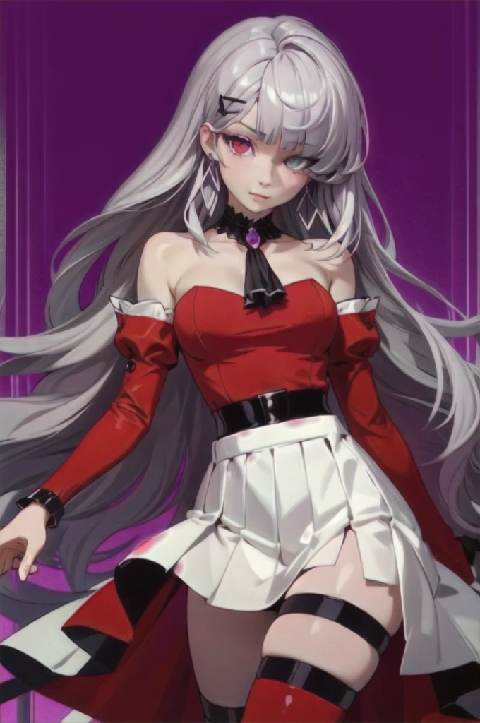 (masterpiece),best quality,1girl,cowboy_shot,medium_shot,thighs,looking at viewer,Look directly,silver gray long hair,pale skin,earrings,silver hair,red eyes,long hair,diamond choker,black ascot,detached collar,center frills,red dress,red detached sleeves,red belt,white skirt,red thigh boots,red thigh straps,
Heterochromia, different coloured eyes, (((right eye is red coloured, left eye is violet/purple coloured)))
Blunt straight bangs, strictly straight cutted bangs, strictly straight cutted hair, straight long hair, strictly straight side bangs, straight cutted side bangs