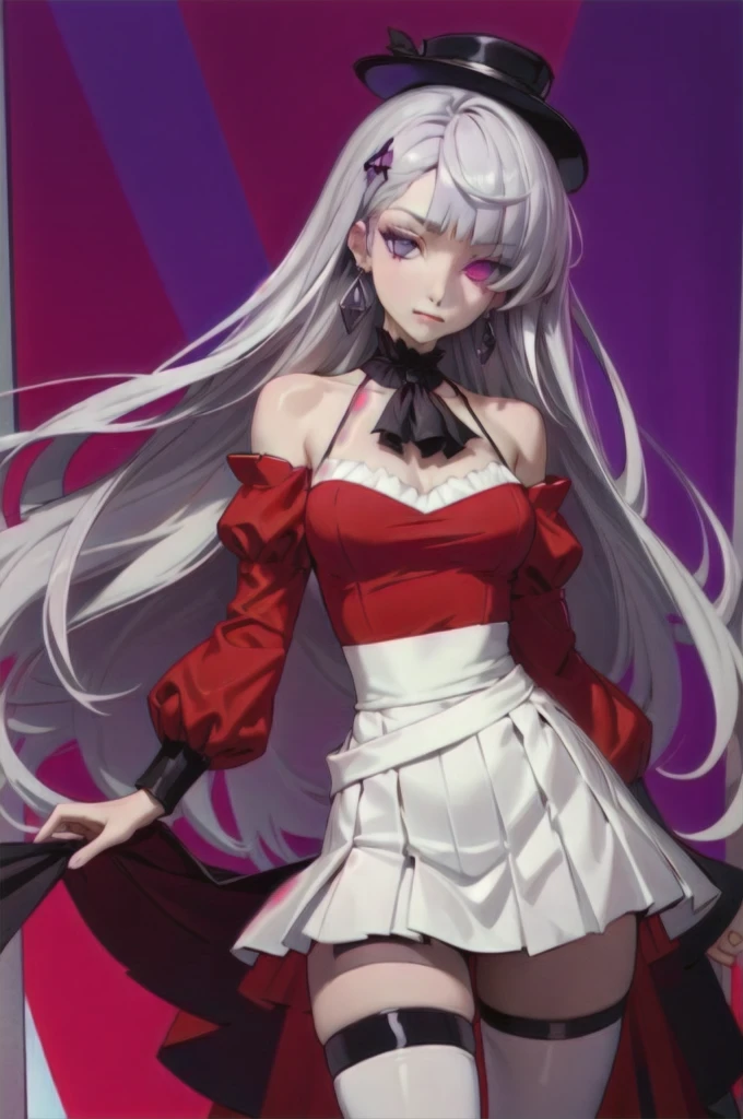 (masterpiece),best quality,1girl,cowboy_shot,medium_shot,thighs,looking at viewer,Look directly,silver gray long hair,pale skin,earrings,silver hair,red eyes,long hair,diamond choker,black ascot,detached collar,center frills,red dress,red detached sleeves,red belt,white skirt,red thigh boots,red thigh straps,
Heterochromia, different coloured eyes, (((right eye is red coloured, left eye is violet/purple coloured)))
Blunt straight bangs, strictly straight cutted bangs, strictly straight cutted hair, straight long hair, strictly straight side bangs, straight cutted side bangs