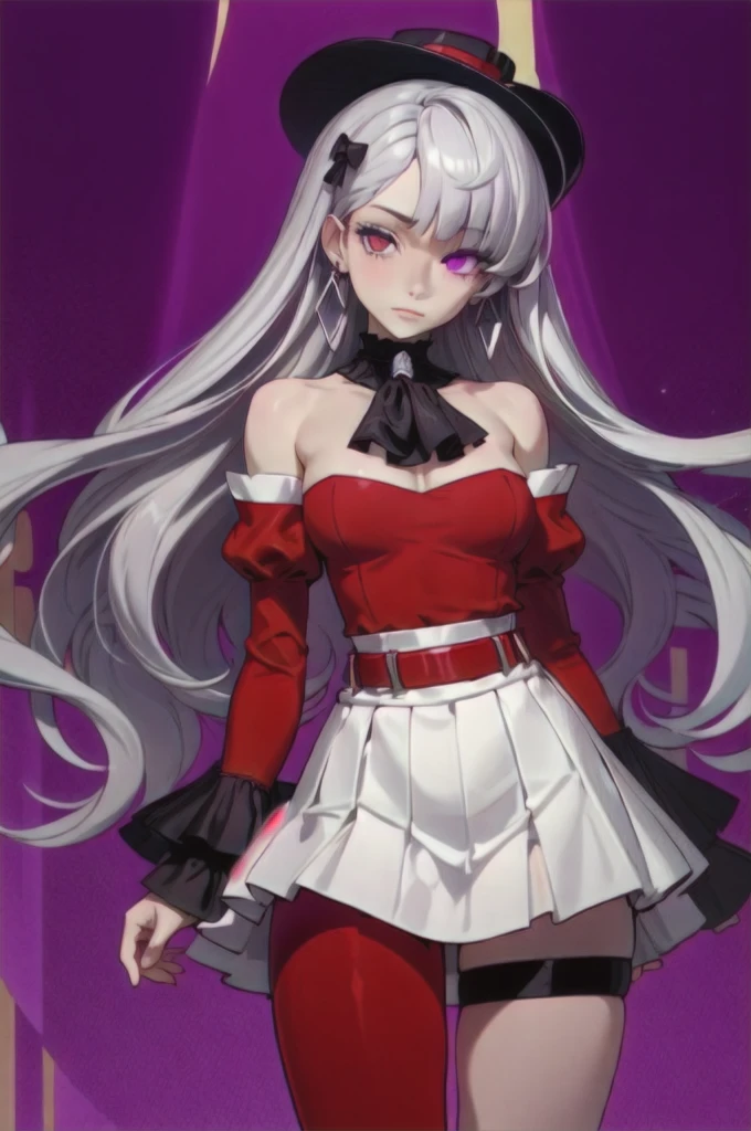 (masterpiece),best quality,1girl,cowboy_shot,medium_shot,thighs,looking at viewer,Look directly,silver gray long hair,pale skin,earrings,silver hair,red eyes,long hair,diamond choker,black ascot,detached collar,center frills,red dress,red detached sleeves,red belt,white skirt,red thigh boots,red thigh straps,
Heterochromia, different coloured eyes, (((right eye is red coloured, left eye is violet/purple coloured)))
Blunt straight bangs, strictly straight cutted bangs, strictly straight cutted hair, straight long hair, strictly straight side bangs, straight cutted side bangs