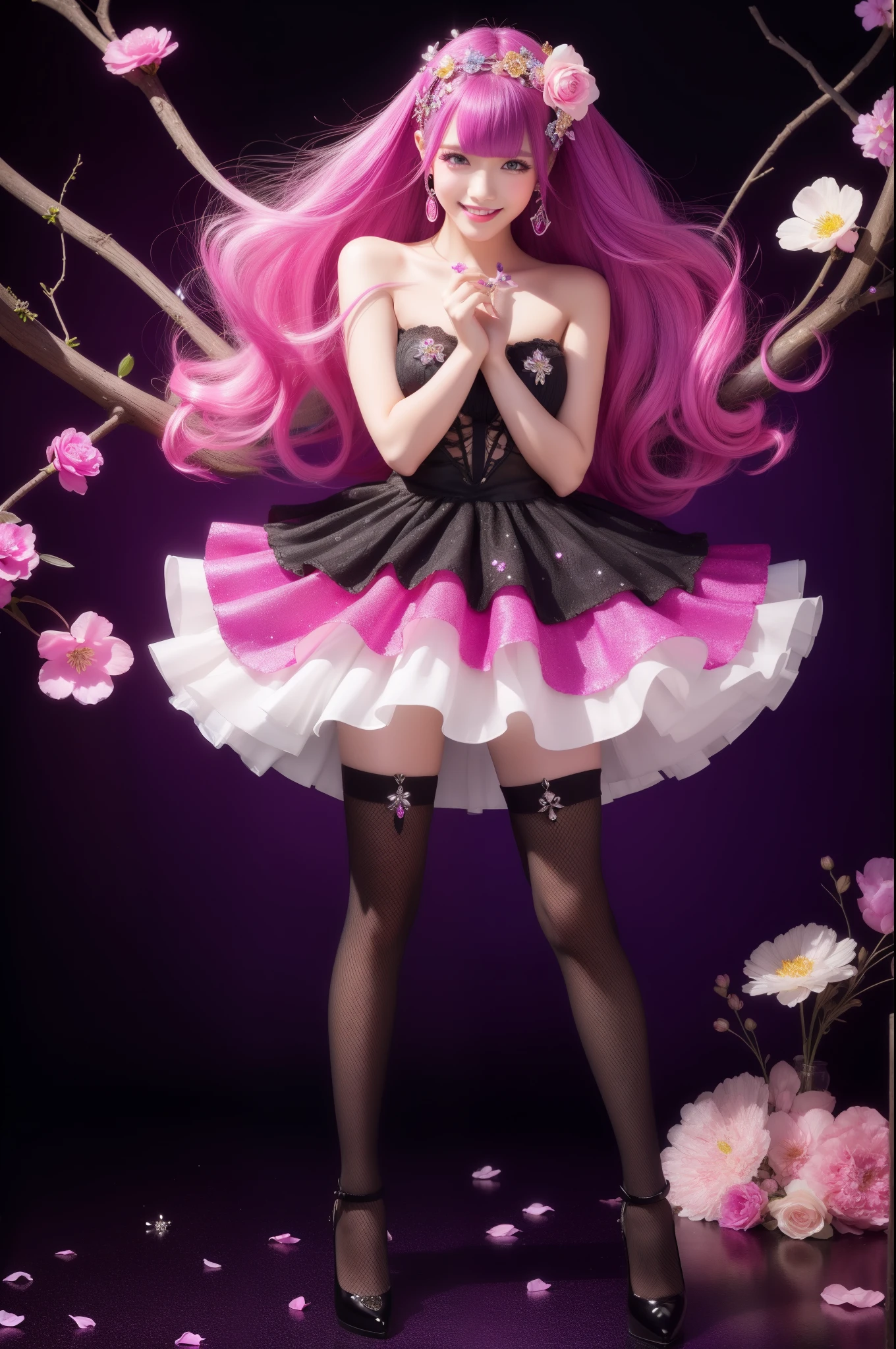 beautiful sexy woman who controls poison、beautiful smile、lipgloss、professional makeup、full body Esbian、、sparkling poisoned flower costume、、、、sparkling Colorful hair、secrete poison、skull hair accessories schnet tights、flowers background