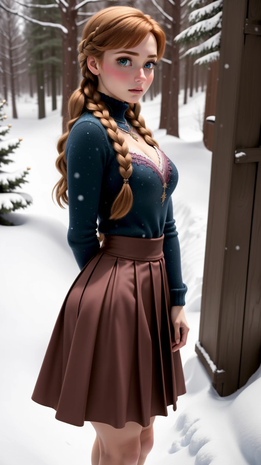 woman, ((Masterpiece, best quality)), detailed skin, highly detailed, cinematic lighting, ultra realistic, blush, looking at viewer, anna, anna from frozen, princess, disney, brown hair, long hair, portrait, outdoor, snow, cleavage, large breasts, wide hips,
skirt, miniskirt, microskirt, pleated skirt, thighs,