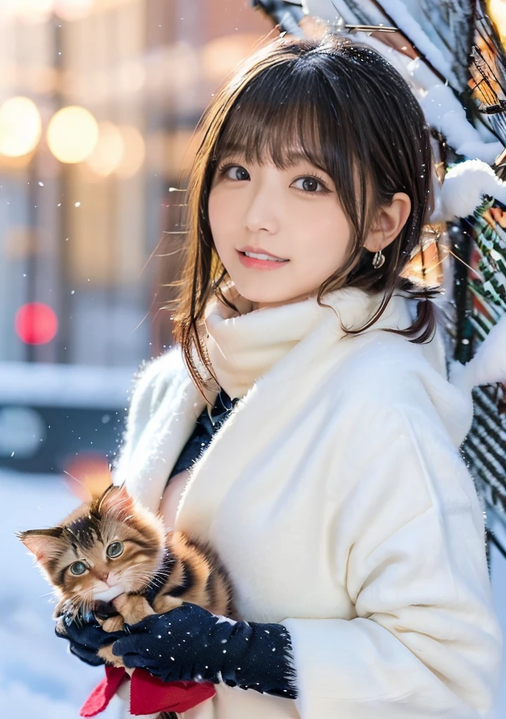 Holding a kitten、Photo from the waist up、Night city illumination shot、Cowgirl Shot、Fur coat、豪華なグレーのミンクのFur coat、Wear fine leather boots、Luxury Bags、Inner turtleneck、Silver necklace and small silver earrings Millionaire style:1.4））、Full body photo、smile、 Caustics、Highly detailed photos、Very beautiful woman 、Ample breasts、No makeup、(8K、RAW Photos、Highest quality、masterpiece:1.2)、(Realistic、Realistic)、1 Girl、((Medium Short Hair、Midwinter、Cold region Snow falling、The wind is blowing、Fluttering Hair、Blur the background、Colorful illuminations、Looking into the camera:1.4))、
