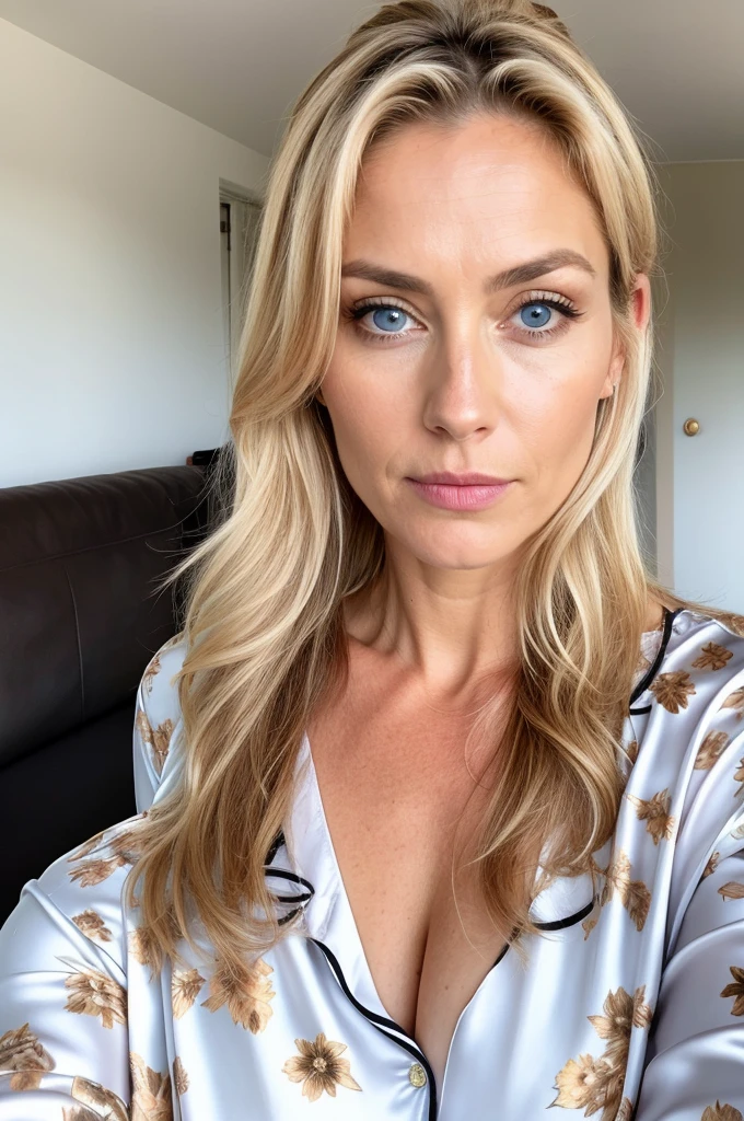 beautiful woman of 45 years old with blue eyes, blond with brown roots, hair in bun with tendrils, looking directly at the camera, very realistic, instagram selfie, closeup face, at home, silk floral pyjamas, clothes tight against body, clothes too tight, film grain, fit muscular body, big breasts, focus on face, clothes too tight, disappointed in viewer