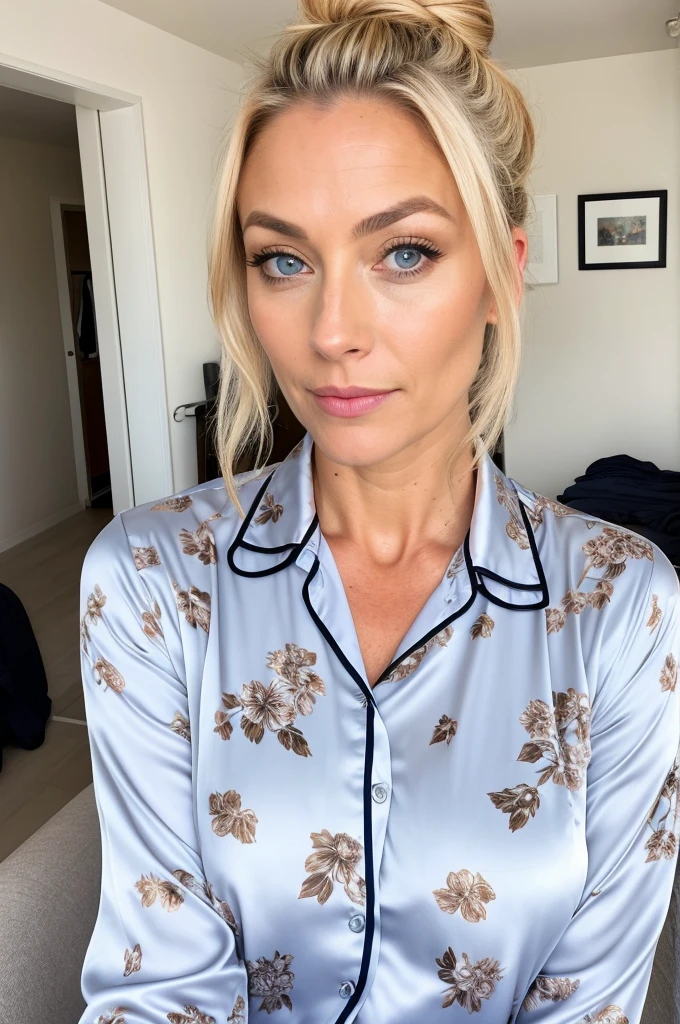 beautiful woman of 45 years old with blue eyes, blond with brown roots, hair in bun with tendrils, looking directly at the camera, very realistic, instagram selfie, closeup face, at home, silk floral pyjamas, clothes tight against body, clothes too tight, film grain, fit muscular body, big breasts, focus on face, clothes too tight, disappointed in viewer