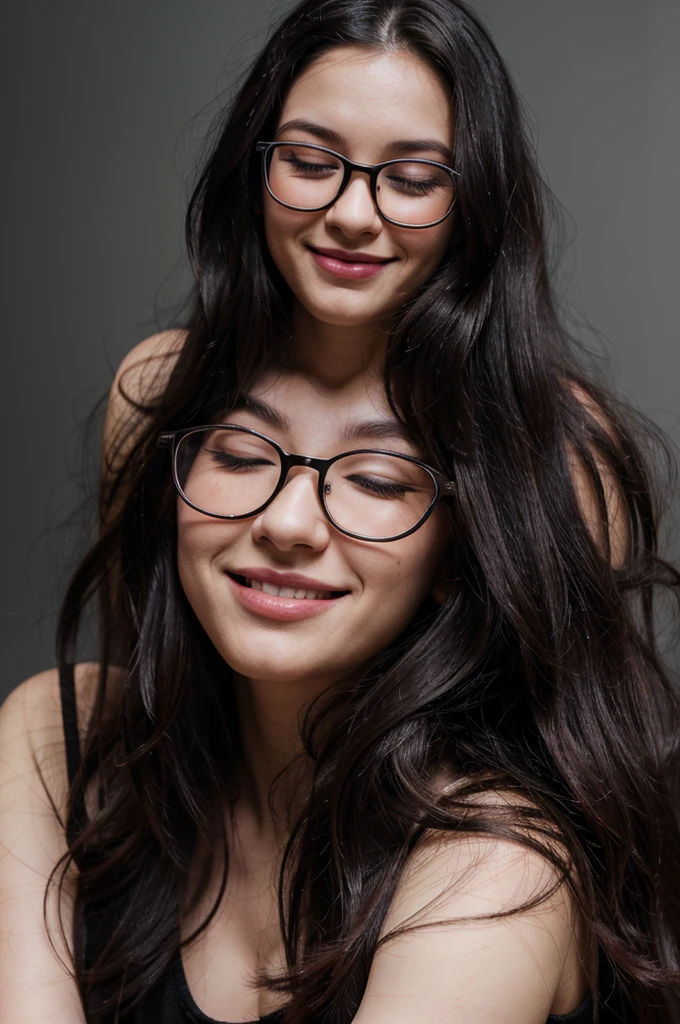 best quality, 27's years old women, solo, cartoon portrait , simple background, black long hair fluttering hair, pink lips, black shirt, black glasses, smile on her face, closed his eyes