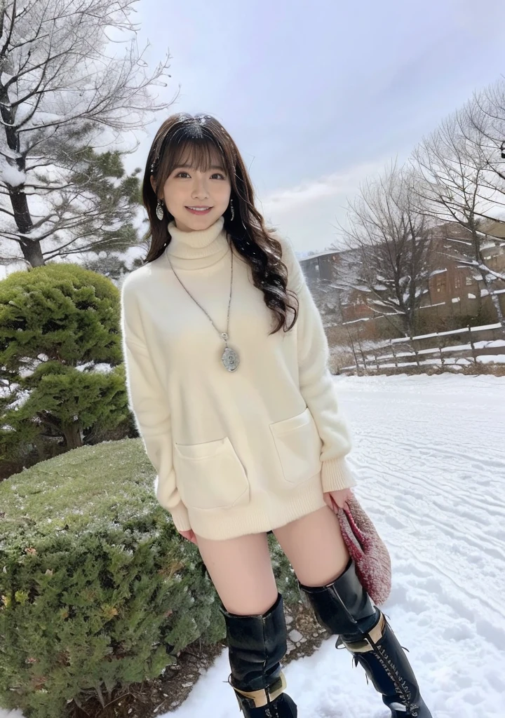 Photo from the waist up、Night city illumination shot、Cowgirl Shot、Fur coat、豪華なグレーのミンクのFur coat、Wear fine leather boots、Luxury Bags、Inner turtleneck、Silver necklace and small silver earrings Millionaire style:1.4））、Full body photo、smile、 Caustics、Highly detailed photos、Very beautiful woman 、Ample breasts、No makeup、(8K、RAW Photos、Highest quality、masterpiece:1.2)、(Realistic、Realistic)、1 Girl、((Medium Short Hair、Midwinter、Cold region Snow falling、The wind is blowing、Fluttering Hair、Blur the background、Colorful illuminations、Looking into the camera:1.4))、
