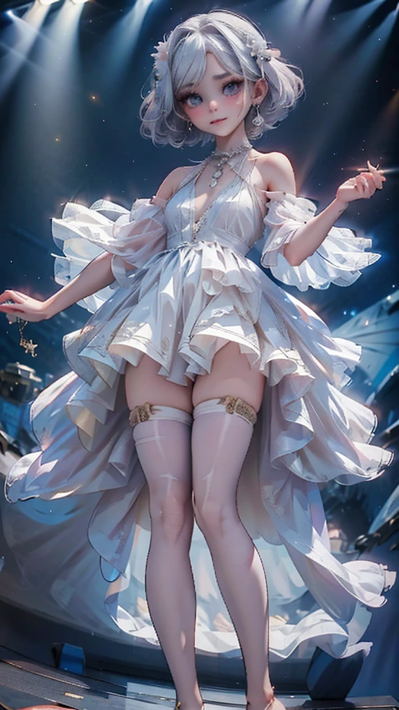 (small young girl full body)、a baby face、Very cute、slim and beautiful、((small :1.2))、The eyes are well drawn、charming eyes、double tail、Wear jewelry and pearls around your neck,Transparent openwork、Deep V、crystal pearl、在Wear jewelry and pearls around your neck,white hair, Showing thighs, bare shoulders, showing clavicle, Yao Liu, barefoot,((whole body))、painful posture