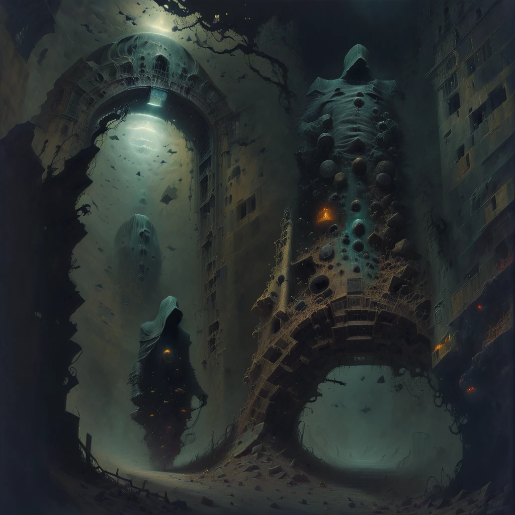 Detailed horror landscape, (full of demons:1.2), a thousand demons, Monsters, demons, many demons, (ruin:0.5), crawl, dark environment, fog, Bexinki, Zdzisław Beksinski, masterpiece, Best quality