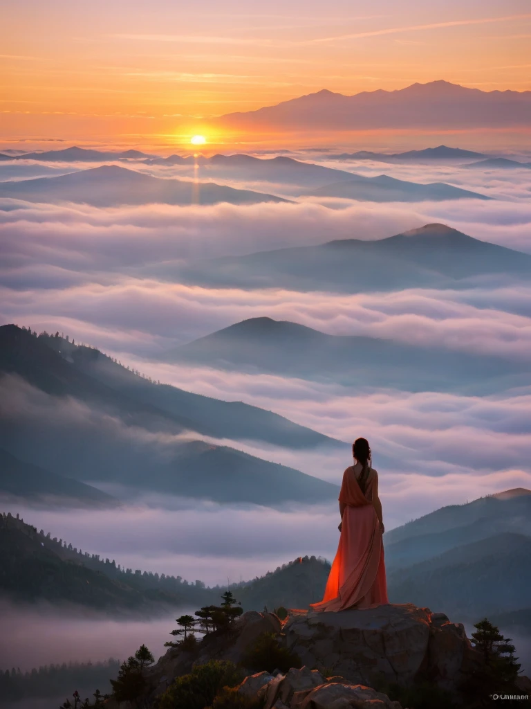 an angel of sublime beauty, from behind, observes a wonderful sunrise that appears at the top of the mountains above a sea of ​​fog