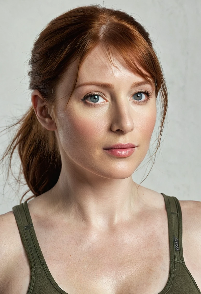 Looks like Bryce Dallas Howard, Wearing a tank top, thick figure, Capture Lara Croft in a luminous photograph that showcases her fearless spirit and undeniable beauty, Bring her to life with intricate details and a realistic portrayal,detailed skin, perfect eyes, highlighting her iconic symmetry, Realism, textured skin, super detail, award winning, best quality, 16k, retina