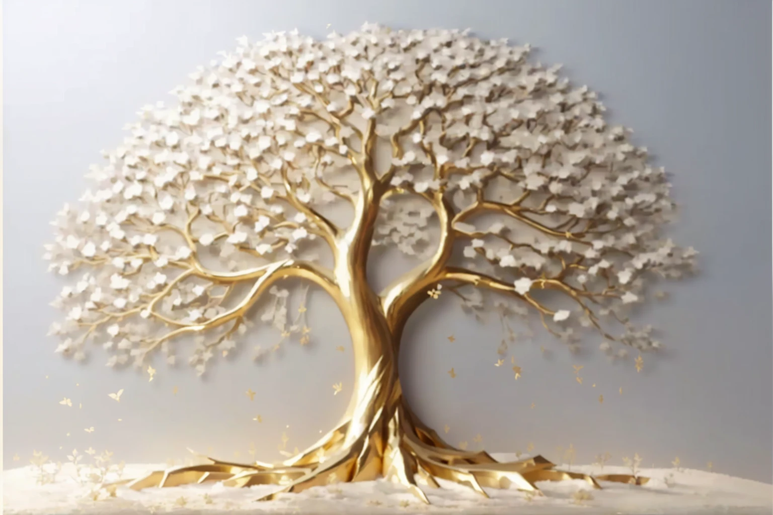 a large metal tree with gold leaf on a white background, golden sacred tree, tree of Life seed of doubt, the tree of Life, sculpture made of gold, tree of Life, a huge silver tree, the World Tree, rich tree, collective civilization tree, rooted lineage, gold foil art, World Tree, gilded with gold, gold leaf painting, A beautiful tree