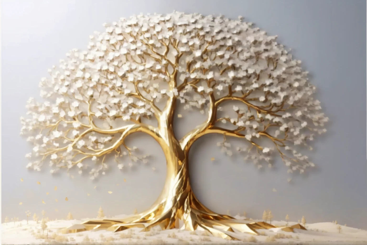 a large metal tree with gold leaf on a white background, golden sacred tree, tree of Life seed of doubt, the tree of Life, sculpture made of gold, tree of Life, a huge silver tree, the World Tree, rich tree, collective civilization tree, rooted lineage, gold foil art, World Tree, gilded with gold, gold leaf painting, A beautiful tree